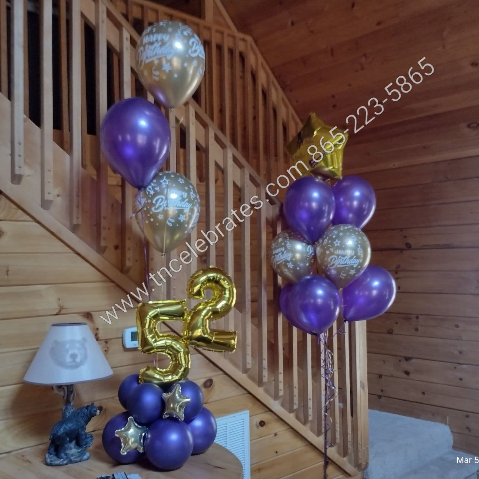 Purple and gold birthday balloon centerpiece and floating balloon bouquet